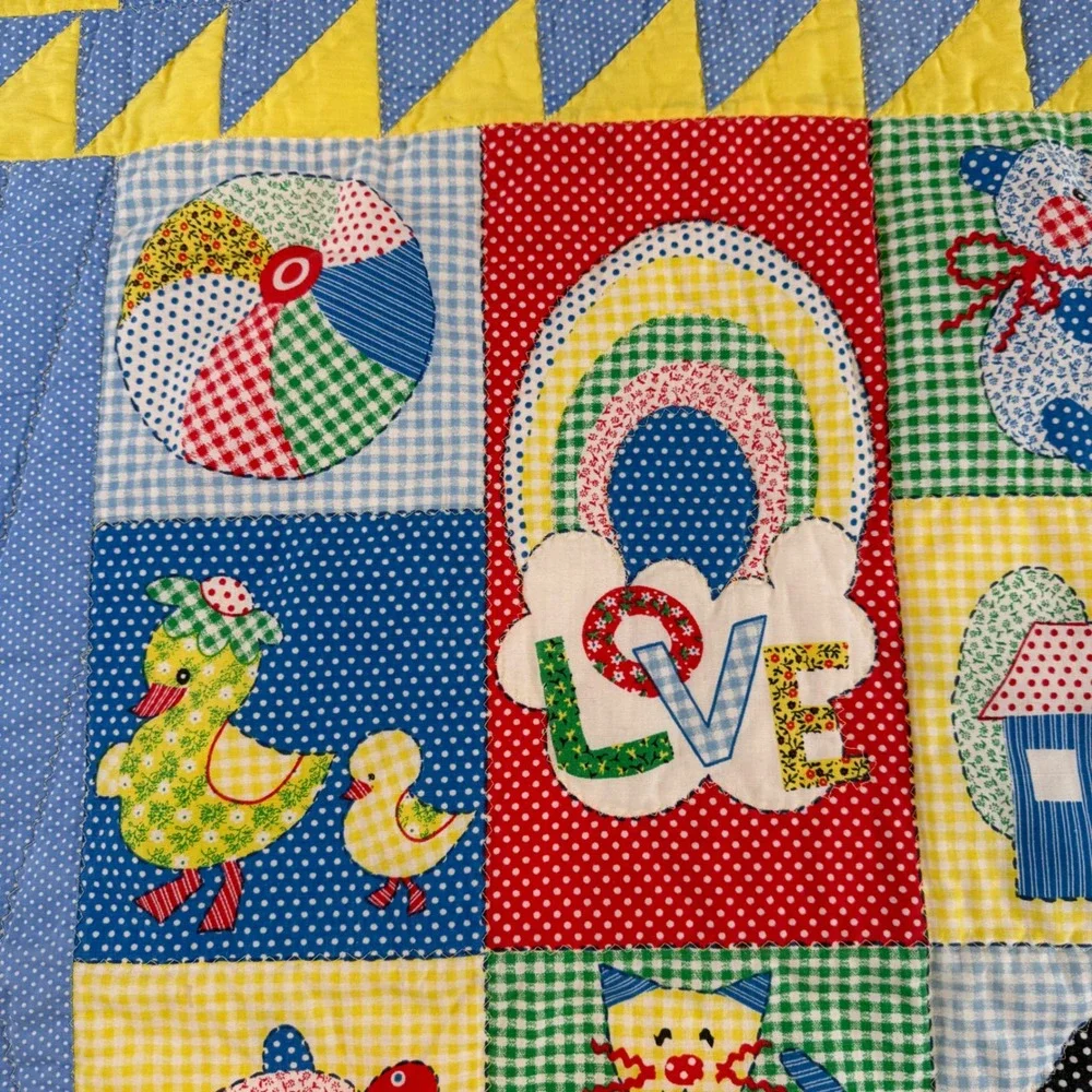 Vintage Handmade Patchwork Baby Quilt Love Animals Nursery Primary Colors